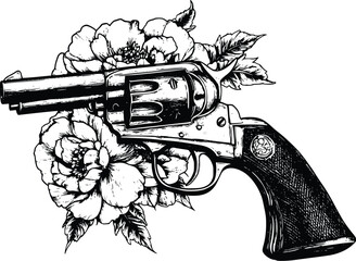 Hand-drawn vector revolver illustration; floral ornate design; dark, moody style