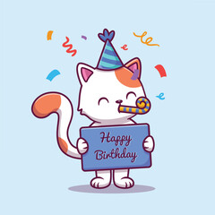 Cartoon cat in party hat holds a Happy Birthday sign