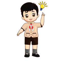 3D illustration of a boy scout having an idea, represented by a lightbulb. Ideal for education, creativity, and inspiration themes for children.