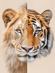 Fototapeta premium Competitive Analysis of Wildlife Photography Featuring Lion and Tiger Close-Up
