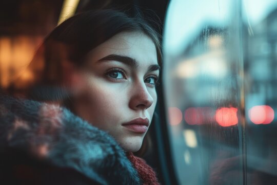 Reflective mood, female traveler watching world through tram window, muted tones