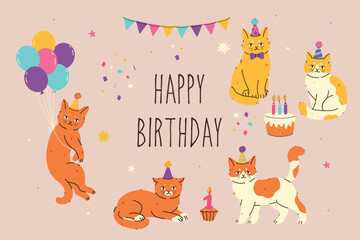 Happy Birthday graphic with cats balloons cake  confetti on light background