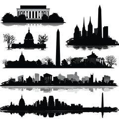 washington dc skyline silhouette set, Black & White silhouette set