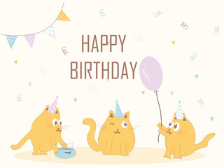 Happy Birthday graphic shows 3 cartoon cats with party hats a balloon banner  a fishbowl