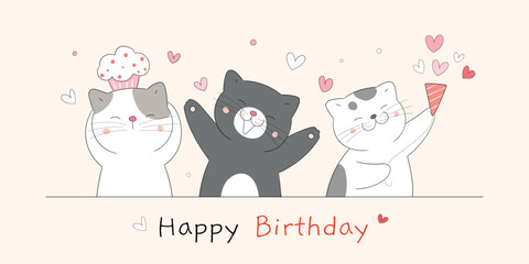 Three cartoon cats celebrate a birthday with a cupcake and party hat surrounded by hearts