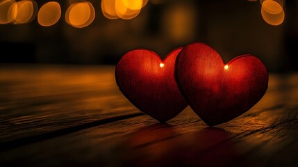 Romantic Glowing Hearts on Wooden Table