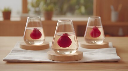Three Glass Vessels with Red Fruits on Wooden Coasters