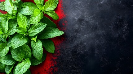 Fresh Green Mint Leaves on Red and Black Background Culinary Herbs