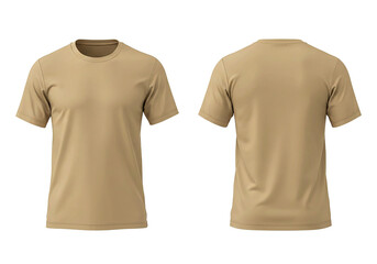 Front and back view of a plain tan t shirt isolated on transparent background isolated on white background