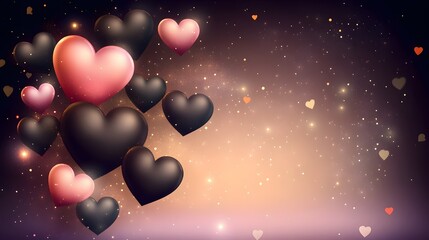 Romantic Valentine's Day Hearts Background, Pink and Black 3D Hearts with Glittering Sparkle