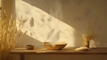 Serene Spa Setting, Wooden Bowl Steam, Dried Flowers, Sunlight