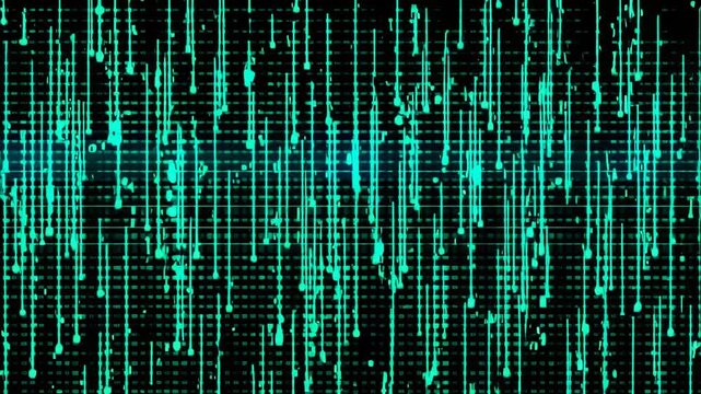Digital data stream background with falling lines and pixelated patterns effect