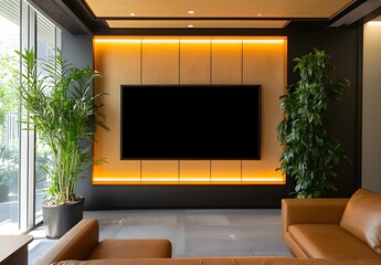 Modern Office Lounge with Large TV Screen and Indoor Plants