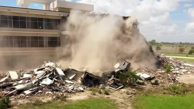 Building implosion with dust and debris cloud aftermath of controlled demolition