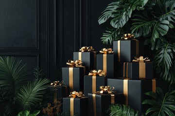 Pile of black presents tied with gold ribbons in a sleek black room with natural green plants, 3D render