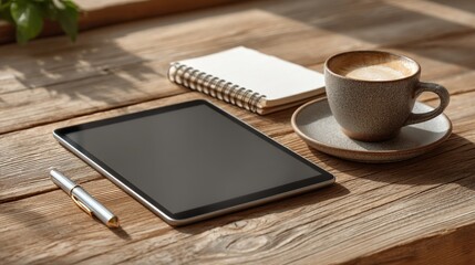 Modern workspace with tablet, notebook, coffee cup, and wooden table