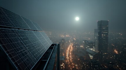 Solar energy panel with city skyline at twilight &ndash; urban renewable energy concept

