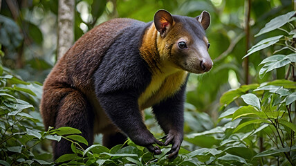 Obraz premium A young tree kangaroo clings to its mother’s back as she navigates through dense leaves ai