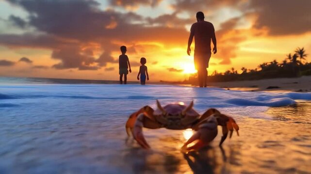 Father and Children Walking Along the Beach at Sunset