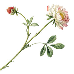 Elegant Botanical Illustration Delicate Pink and White Flower with Stem and Bud, Isolated on White Background