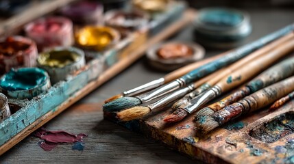 Obraz premium Close-Up View of Paintbrushes and Watercolor Palette on Artistic Workspace