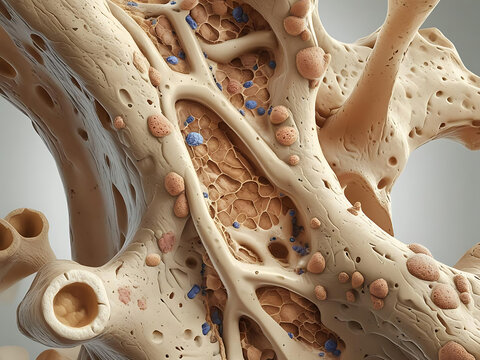 Bone tissue human skeleton under microscope, cells structure, medical science biology background Organic calcium material 