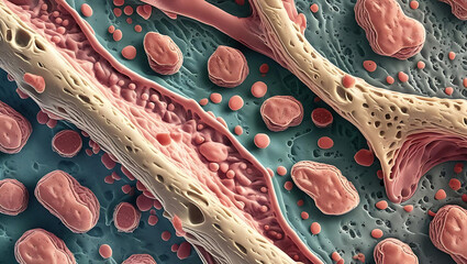 Bone tissue human skeleton under microscope, cells structure, medical science biology background Organic calcium material 