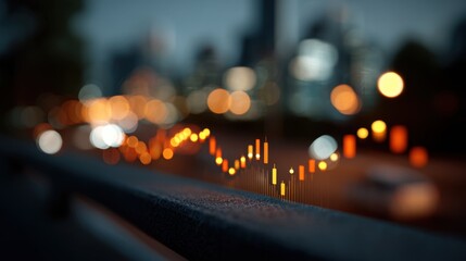 Abstract Representation of Financial Data Flowing Over a Cityscape