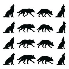 Silhouette illustrations of wolves in various poses, including sitting and walking.