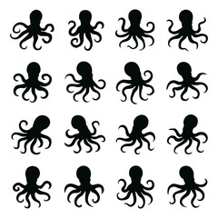 octopus silhouettes in various poses, arranged in a grid pattern on a white background.
