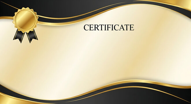 Certificate template with gold seal and ribbon on a black and gold background.