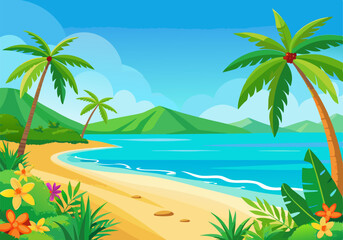 Fototapeta premium Beautiful tropical beach landscape background vector illustration design