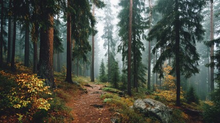Fototapeta premium Tranquil Forest Pathway Surrounded by Lush Greenery and Foggy Atmosphere