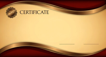 Elegant gold and red certificate template with wavy design and blank space for text.