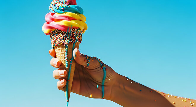 A hand holds a vibrant, melting ice cream cone with colorful swirls and sprinkles against a clear blue sky.