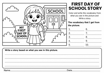 First Day of School Story Writing Prompt Worksheets, Creative Writing, Vocabulary & Sentence Making, Back to School, First Week Activity