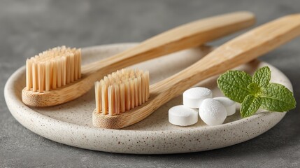 Eco-Friendly Bamboo Toothbrushes with Mint Tablets on Natural Plate