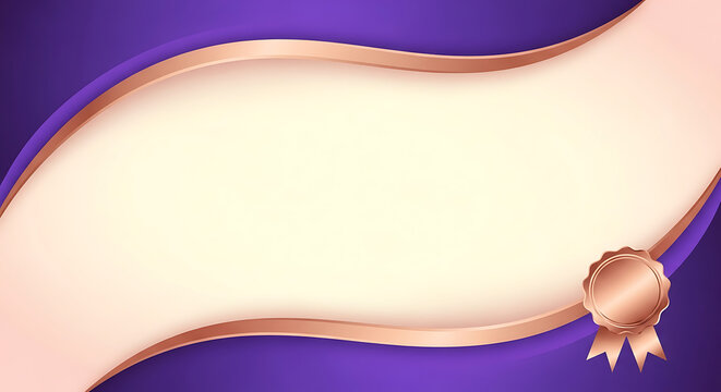 Elegant certificate template with a cream-colored center, framed by purple and a rose gold ribbon seal.