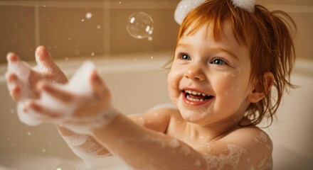 Joyful toddler in a bubbly bath, hands outstretched, laughing