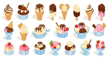 An assortment of colorful ice cream cones, sundaes, and popsicles with various toppings.