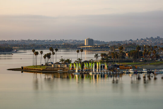 San Diego, CA USA on August 9, 2021. View of the Mission Bay Sportcenter at the San ta Clara Point, Mission Bay Peninsula at sunrise.