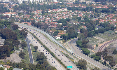 View of the San Diego Freeway 5 from Mt. Soledad in La Jolla, California.