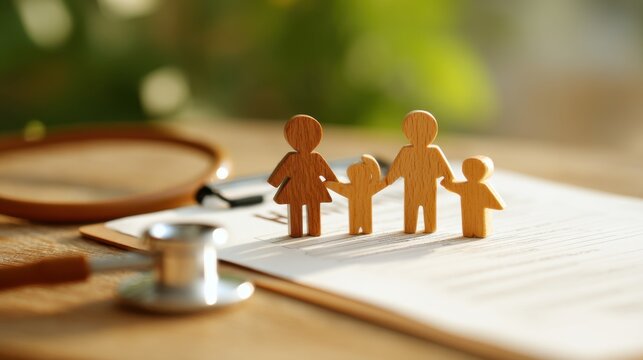 Wooden Figures Representing Family with Stethoscope on Health Form