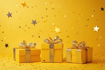 Minimalistic scene of three yellow gift boxes with golden star confetti falling in clean colored space