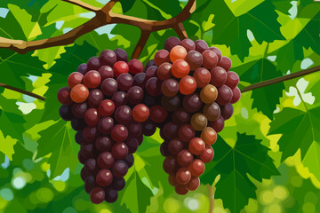 A vivid illustration of two bunches of ripe red and purple grapes hanging from a vine. The grapes appear plump and juicy, with some showing shades of orange and maroon, indicating different stages of 