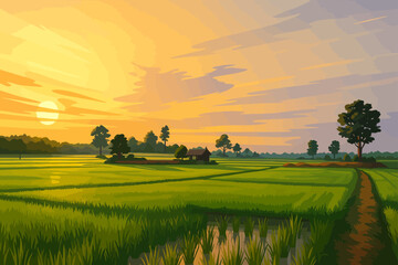 A serene illustration of a lush green rice field at sunset. The golden light from the setting sun casts a warm glow across the landscape, with long shadows stretching over the paddies. A small wooden 