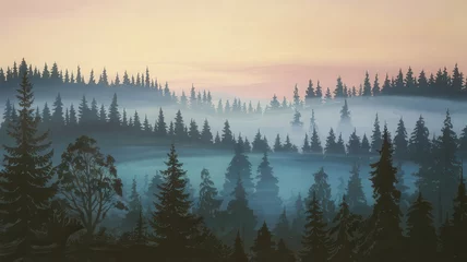 Tableau sur plexiglas Forêt brumeuse Tranquil coniferous forest bathed in a hazy morning glow scenic landscape  © Muhammad