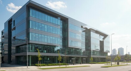 Obraz premium Modern glass office building, sleek design, sunny day. Landscaped grounds, city skyline visible