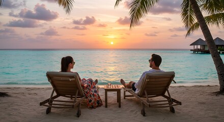 Serene Sunset Paradise: A couple relaxes in beach chairs, silhouetted against a vibrant sunset over a tranquil ocean, creating a perfect scene of peace and romance.