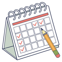 A desk calendar with a spiral binding is shown with several days marked with red checkmarks and a yellow pencil poised to mark another day